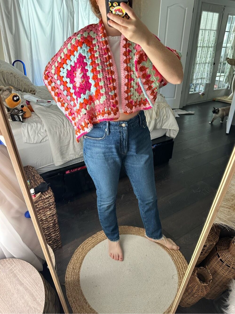 Vintage Handmade Women’s Granny Square Shawl Cardigan Crochet One Size Barbie
